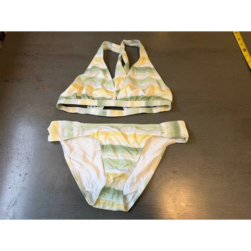 Title Nine Bikini Set Green Yellow Striped Halter Top Ruched Bottoms Medium
